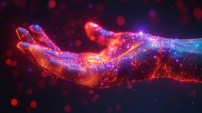 Digital Glowing Hand with Futuristic Lights and Particle Effects Representing Technology, Biometric Access, and Human–Machine Interface