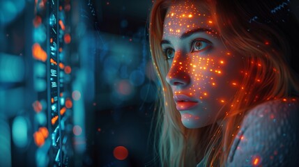 Cybersecurity Concept with Woman’s Face Illuminated by Digital Grid Lights Symbolizing Artificial Intelligence and Future Technology