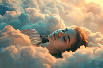 Foto op Aluminium Dreamscape with a woman sleeping peacefully on a fluffy cloud Serenity and comfort concept © Bijac