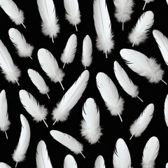 Seamless pattern of Scattered Fluffy White Feathers on Black Background 