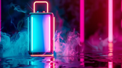 A neon battery icon shines in vector illustration, symbolizing energy in a modern, digital age
