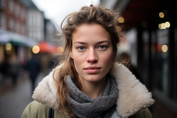 White Beautiful Woman in her 20s or 30s talking head shoulders shot bokeh out of focus background on a cosmopolitan western street vox pop website review or questionnaire candid photo - obrazy, fototapety, plakaty