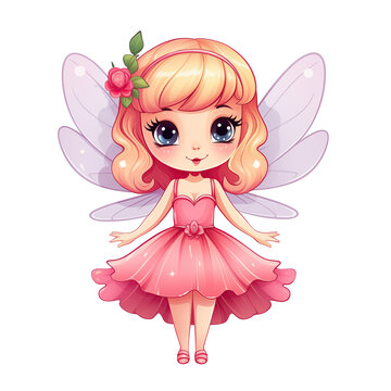 Cute fairy  doll in pink dress with wings, on transparent background, printable, 300dpi