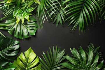 Fototapeta na wymiar Lush green tropical palm leaves and exotic ferns forming a dense jungle canopy Vibrant floral arrangement isolated on a black background