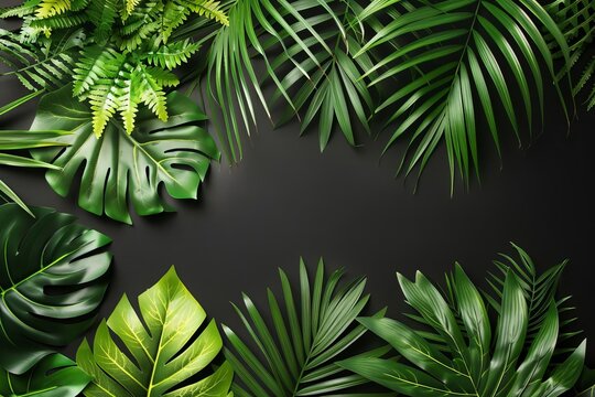 Lush green tropical palm leaves and exotic ferns forming a dense jungle canopy Vibrant floral arrangement isolated on a black background