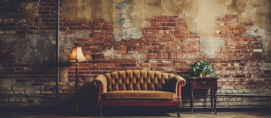 An old couch and a wooden table are positioned in front of a weathered brick wall in a retro-style...