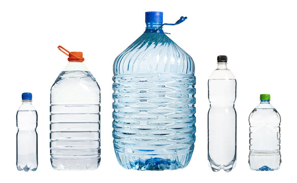 A set of blank plastic water bottles of different volumes, carved on a white background. Studio photo for the marketplace.