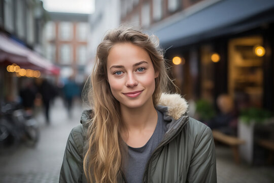 White Beautiful Woman in her 20s or 30s talking head shoulders shot bokeh out of focus background on a cosmopolitan western street vox pop website review or questionnaire candid photo