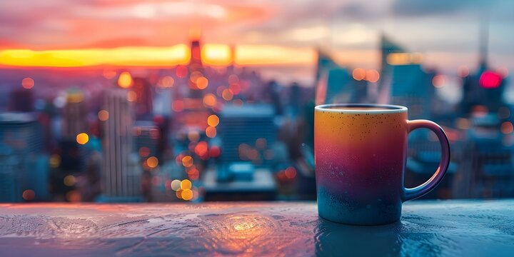 Vibrant Coffee Cup with City Skyline Blending Urban Life with Coffee Culture. Concept City Life, Coffee Culture, Vibrant Colors, Urban Lifestyle, Photography Concept