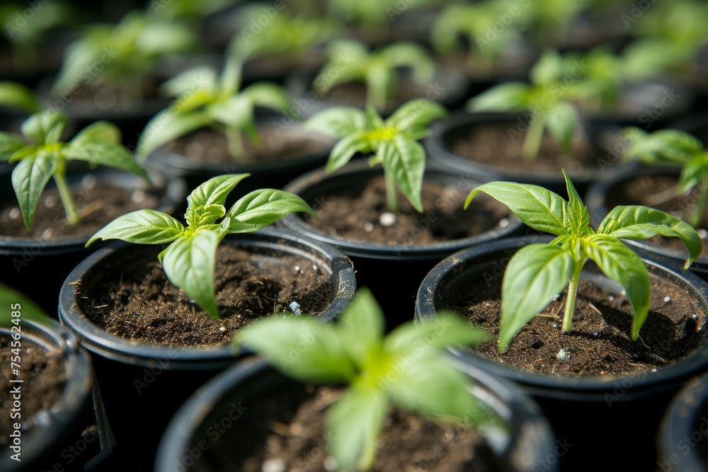 Poster spring seedlings in trays. backdrop with selective focus and copy space