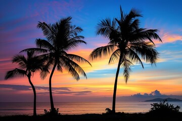 Fototapeta na wymiar Silhouette of palm trees against a dramatic sunset sky Tropical paradise Peaceful evening
