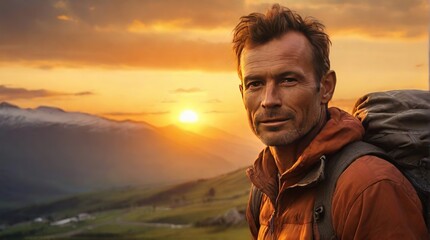 Portrait of a man with a backpack on his back traveling through the mountains, a man in the mountains at sunset