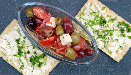 greek salad and crispy waffle bread made from pea protein