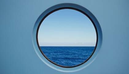A round window on a blue wall, overlooking the sea and blue sky.