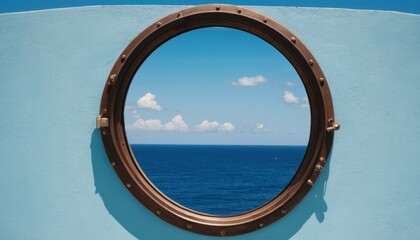 Obraz na płótnie Canvas A round window on a blue wall, overlooking the sea and blue sky.
