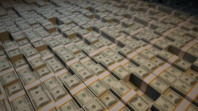 US American Dollar Bills Money - Camera flying Close up over stacked $100 Bundled Banknotes, 3D Render