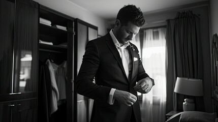 candid moments when the groom gets dressed and prepares for the wedding. Sincere emotions and interactions that convey the excitement and anticipation of the special day. - obrazy, fototapety, plakaty