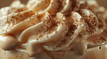 the fluffy and creamy texture of whipped coffee on top of an ice-cold drink, the intricate details of the coffee foam.
