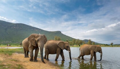 Fototapeta na wymiar A group of elephant families go to the water's edge for a drink - African elephants standing near lake