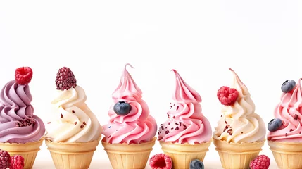 Foto auf Alu-Dibond summer concept, icecream cones blueberry ,strawberry ,pistachio ,almond ,orange and cherry and sprinkles , different flavour cones  © Mahnoor