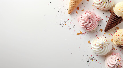 summer concept, icecream cones blueberry ,strawberry ,pistachio ,almond ,orange and cherry and sprinkles , different flavour cones 