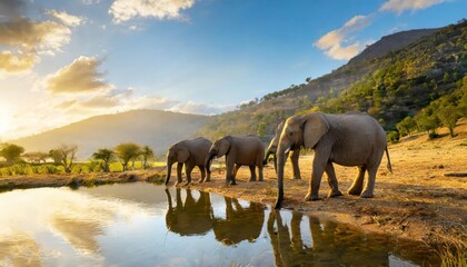 A group of elephant families go to the water's edge for a drink - African elephants standing near lake