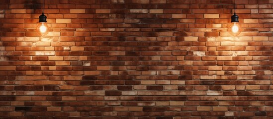 A modern brick wall with three bright lights mounted on it, enhancing the interior design of a home, hotel, or office space. The lights add a contemporary touch to the empty wall,