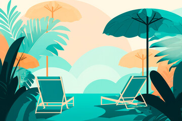 Spending a holiday at the sea. Chaise lounges and umbrellas on the beach. Seaside vacation