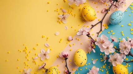 Cheerful Easter eggs among spring blossoms on a colorful background. Vibrant springtime Easter...