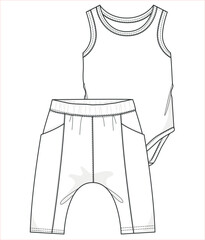 Adorable Designs for Newborns, Vector Illustrations of Baby Clothes, Flat Sketches, and Technical Drawings. Baby Clothing Collection and Sets. Bottom and top set designs for babies.