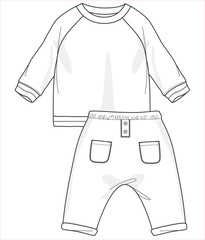 Adorable Designs for Newborns, Vector Illustrations of Baby Clothes, Flat Sketches, and Technical Drawings. Baby Clothing Collection and Sets. Bottom and top set designs for babies.