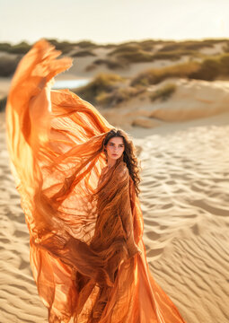 Portrait of young girl in the desert. Photo of a girl on a sunny day in the desert. Woman in a dress on beach.