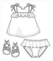 Adorable Designs for Newborns, Vector Illustrations of Baby Clothes, Flat Sketches, and Technical Drawings. Baby Clothing Collection and Sets. Bottom and top set designs for babies.