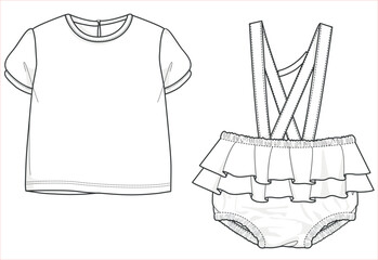 Baby Girl Bodysuit Fashion Flat Sketch Vector Template and Mock Up for Stylish Infant Apparel. Infant Fashion with Editable Technical Drawing Vectors. Babywear collection for designers.