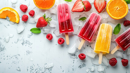 summer fruit popsicles , strawberry, kiwi, melon, mango, orange  