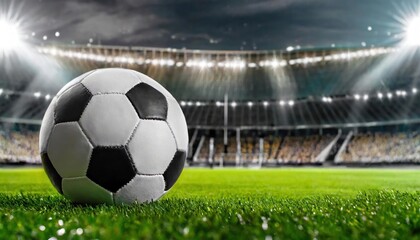 Fototapeta premium High quality photo. one black and white football ball over green turf of soccer field