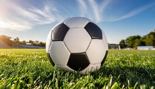 High quality photo. one black and white football ball over green turf of soccer field