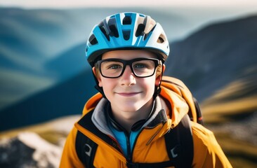 Fototapeta na wymiar Young boy wearing helmet and glasses stands confidently before towering mountain backdrop ready for adventure and exploration. He may be gearing up for bicycle ride or some other outdoor activity.