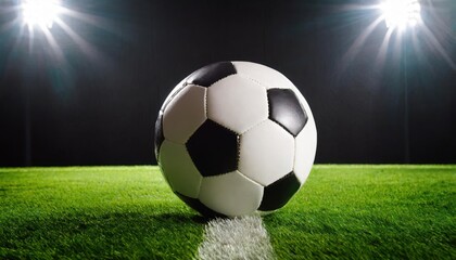 Fototapeta na wymiar High quality photo. one black and white football ball over green turf of soccer field