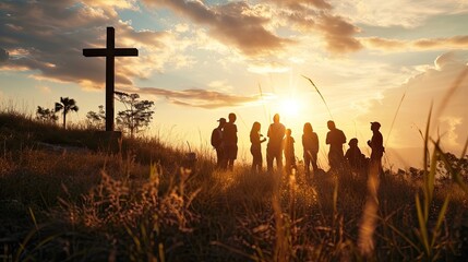 Christian young people around wooden christian cross. Christian community and faith in Jesus Christ concept - obrazy, fototapety, plakaty