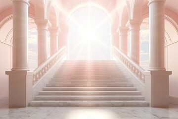 Marble staircase ascends towards radiant light, stairway to heaven concept