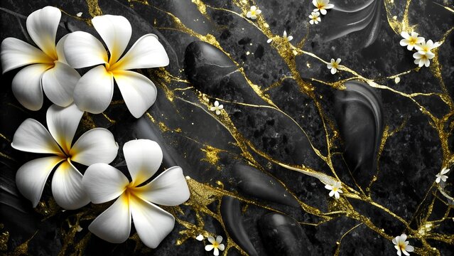Elegant Plumeria Flowers on Black Marble with Gold Veins for Luxurious Spa and Beauty Themes. Free space for text or advertised product.
