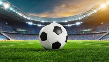 Fototapeta premium High quality photo. one black and white football ball over green turf of soccer field