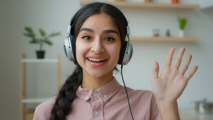 Webcam view Arabian woman smiling girl blogger businesswoman internet tutor business coach in...