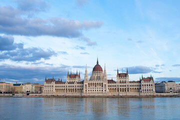 Beautiful sunset over Parliament Building and Danube River in Budapest, Hungary. 