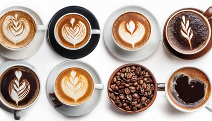 High quality photo. Set with different types of coffee cup, cappuccino, black coffee, Choco  - 754566870