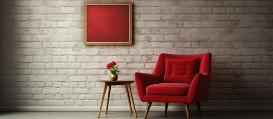 A red armchair is positioned next to a small table in a cozy living room. A picture frame hangs on the wall in the background.