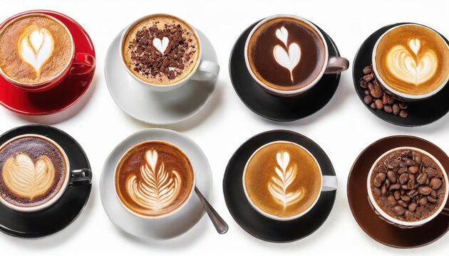 High quality photo. Set with different types of coffee cup, cappuccino, black coffee, Choco 