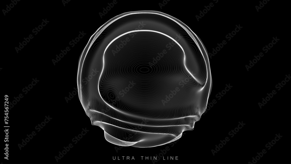 Poster ultra thin line fluid geometry. dynamic vector distorted spheres.