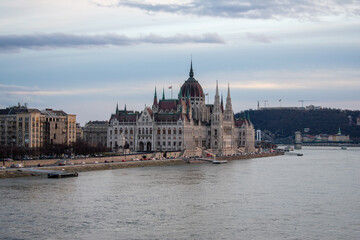 Beautiful sunset over Parliament Building and Danube River in Budapest, Hungary. 